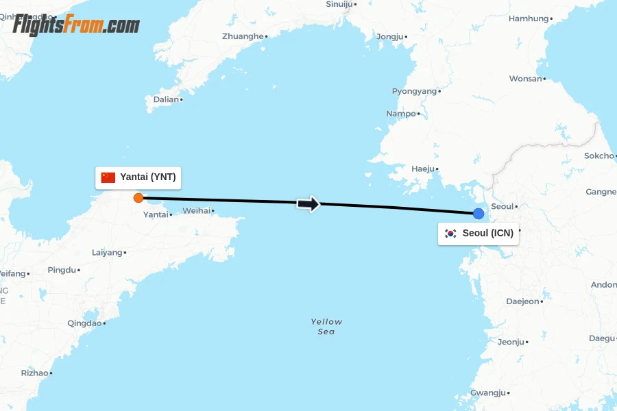 Flights from Yantai to Seoul route map