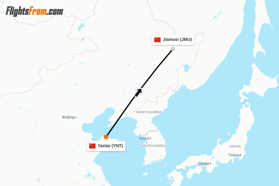 Flights from Yantai to Jiamusi route map