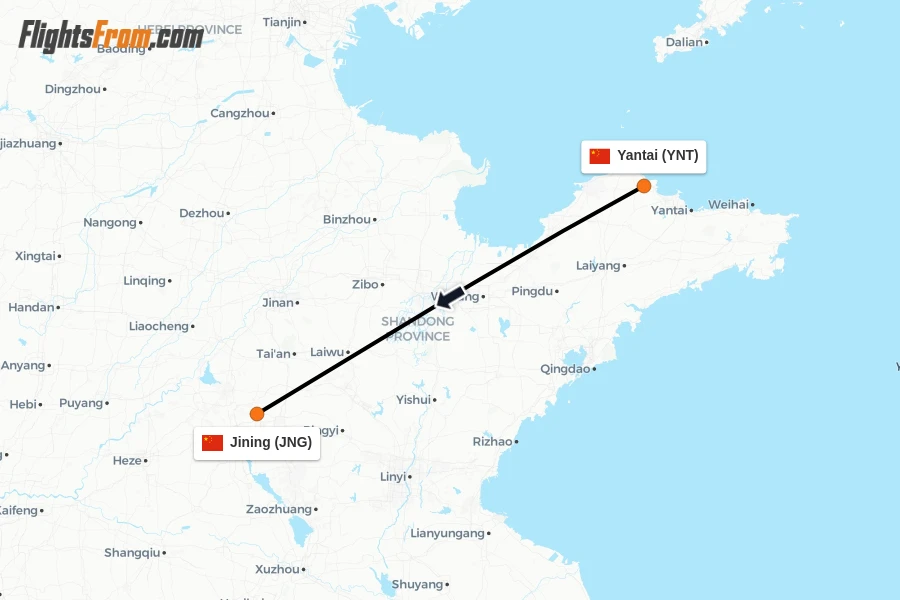 Flights from Yantai to Jining route map