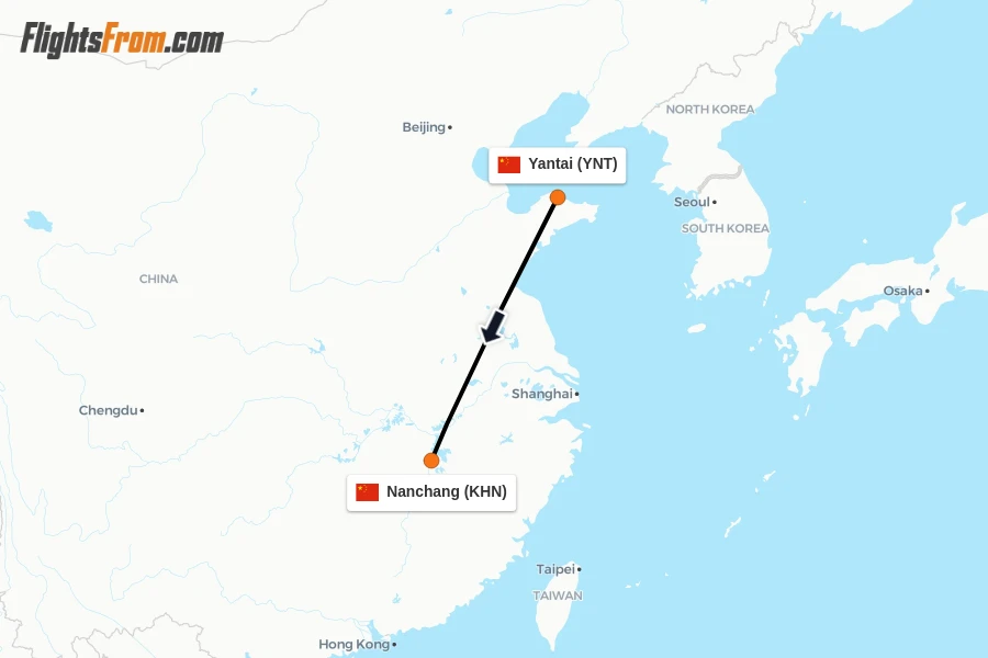 Flights from Yantai to Nanchang route map