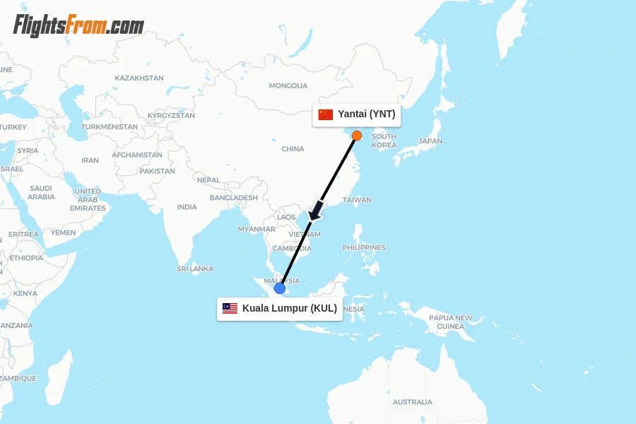 Flights from Yantai to Kuala Lumpur route map