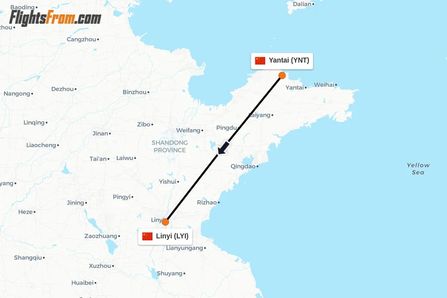 Flights from Yantai to Linyi route map