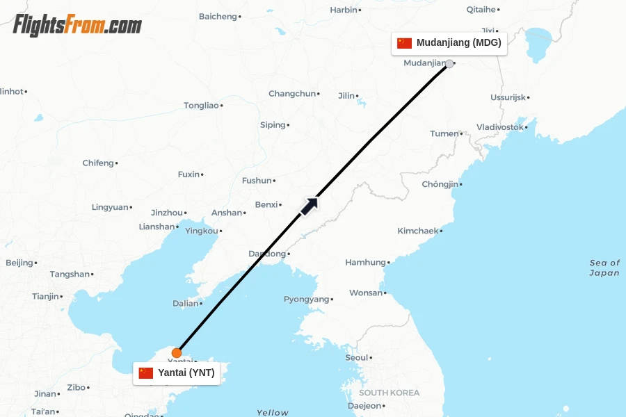 Flights from Yantai to Mudanjiang route map