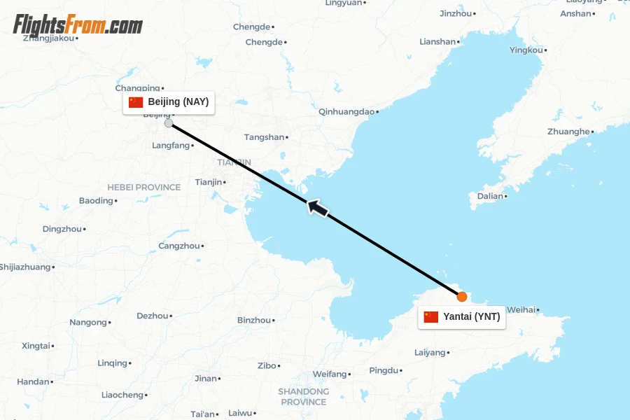 Flights from Yantai to Beijing route map