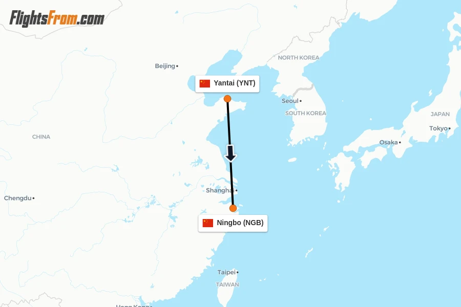 Flights from Yantai to Ningbo route map
