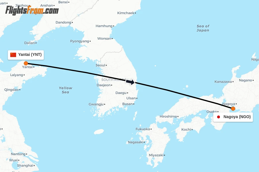 Flights from Yantai to Nagoya route map