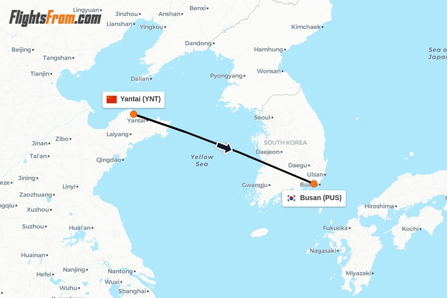 Flights from Yantai to Busan route map