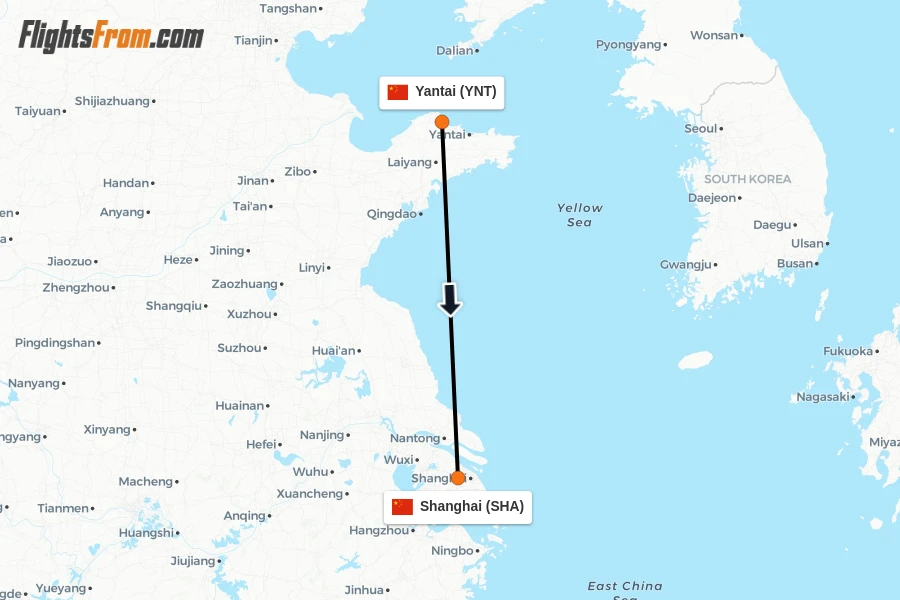 Flights from Yantai to Shanghai route map