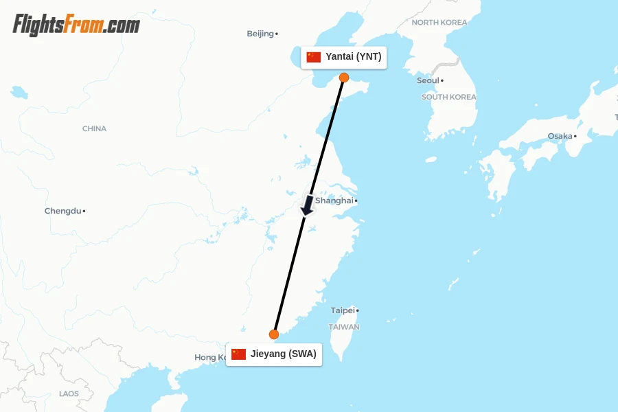 Flights from Yantai to Jieyang route map