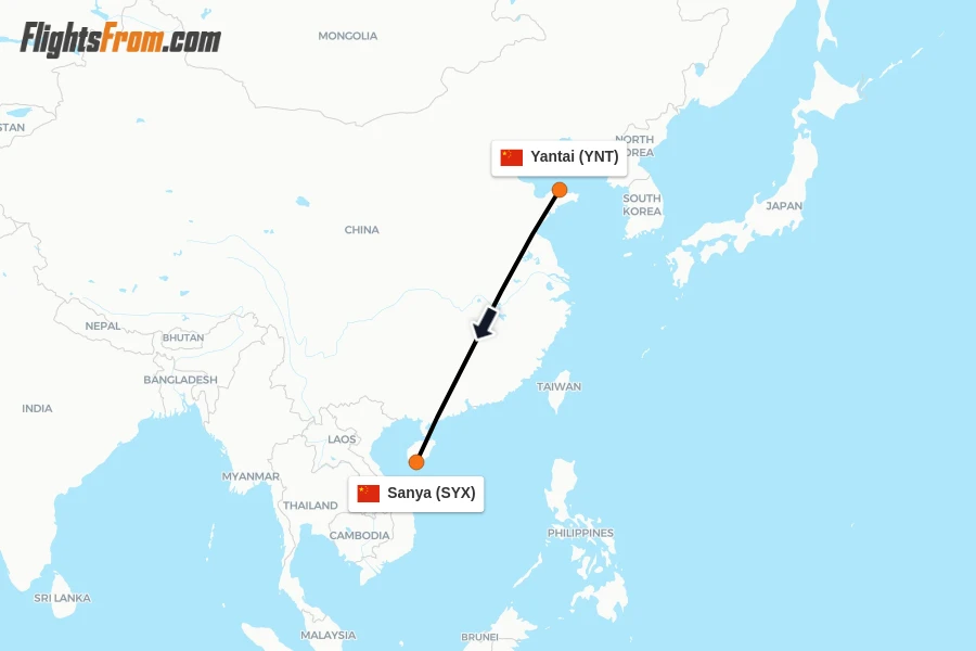 Flights from Yantai to Sanya route map