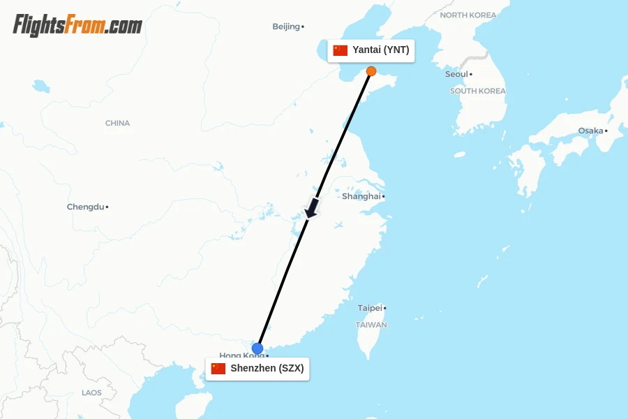 Flights from Yantai to Shenzhen route map