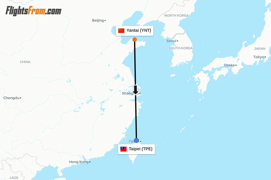Flights from Yantai to Taipei route map