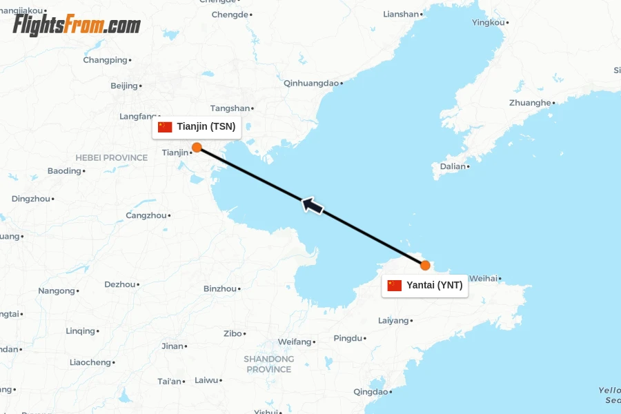 Flights from Yantai to Tianjin route map