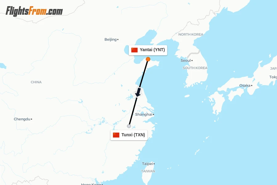 Flights from Yantai to Tunxi route map