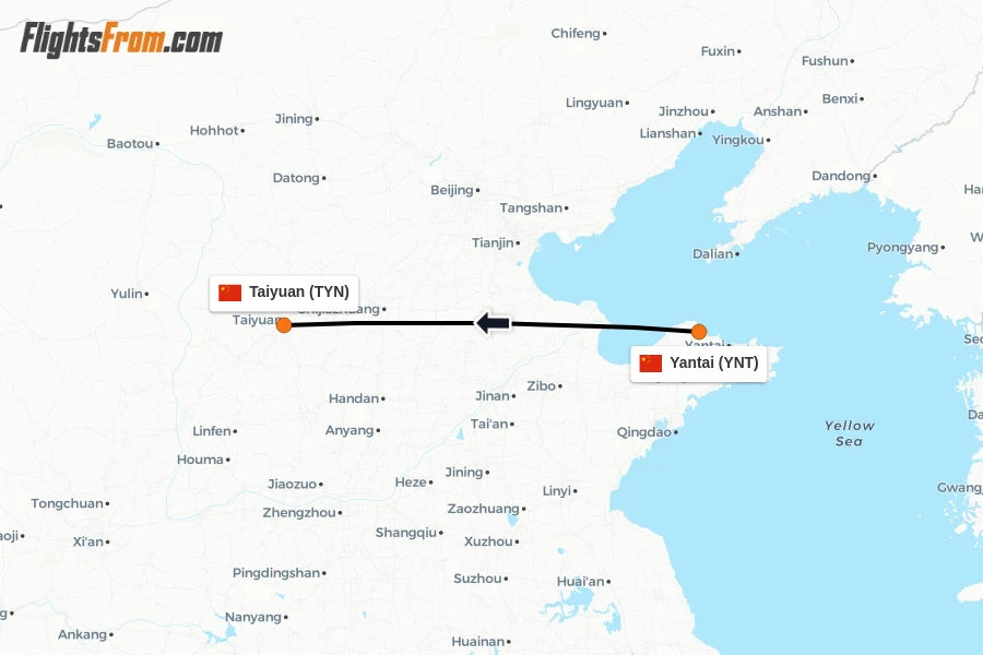Flights from Yantai to Taiyuan route map
