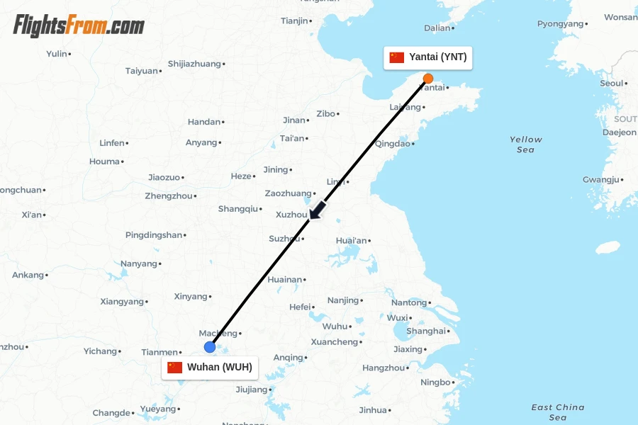 Flights from Yantai to Wuhan route map