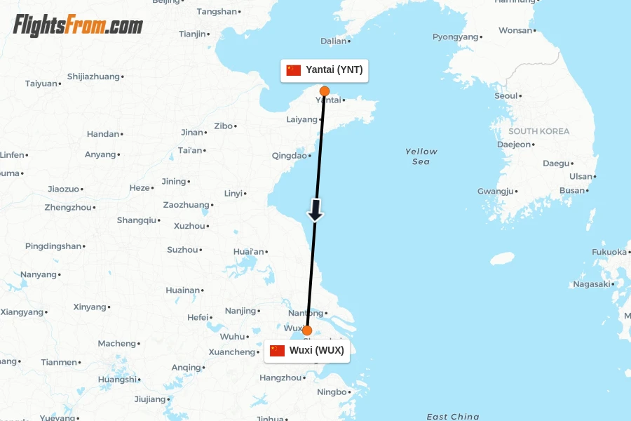 Flights from Yantai to Wuxi route map