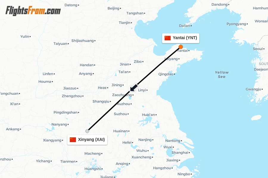 Flights from Yantai to Xinyang route map