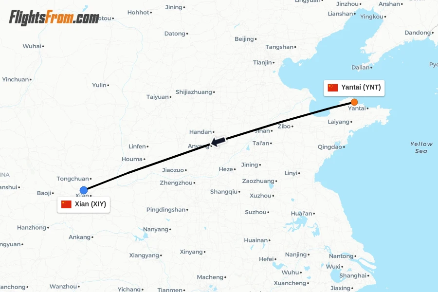 Flights from Yantai to Xian route map