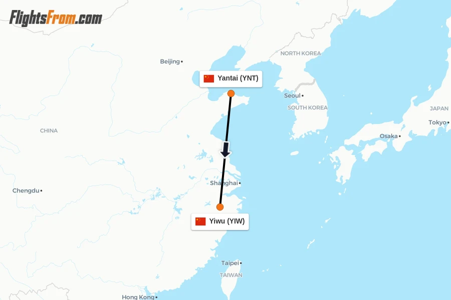 Flights from Yantai to Yiwu route map
