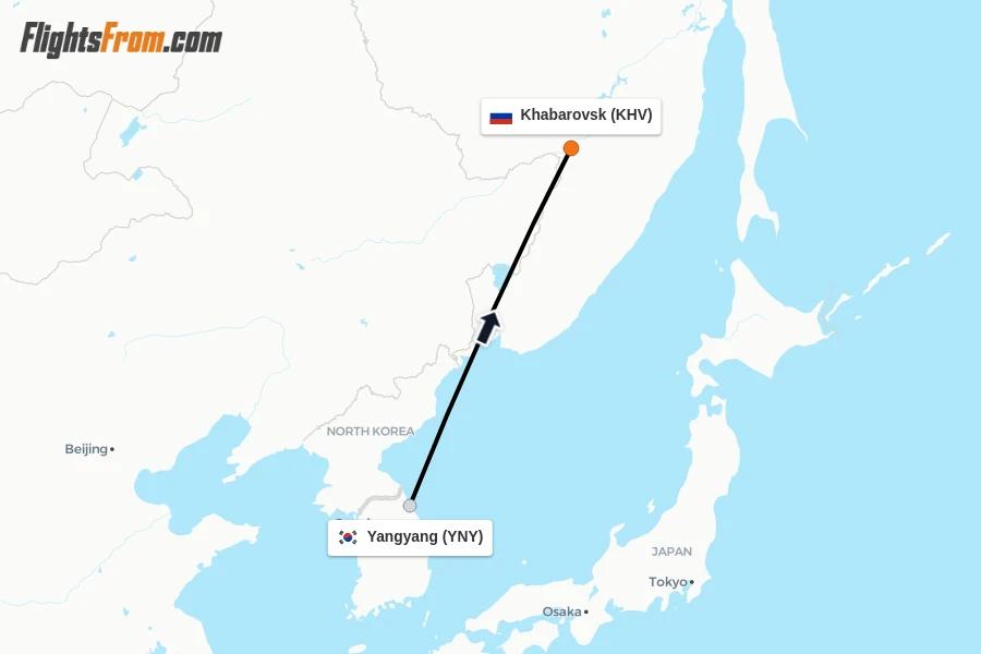 Flights from Yangyang to Khabarovsk route map