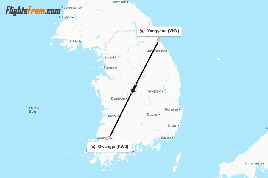 Flights from Yangyang to Gwangju route map