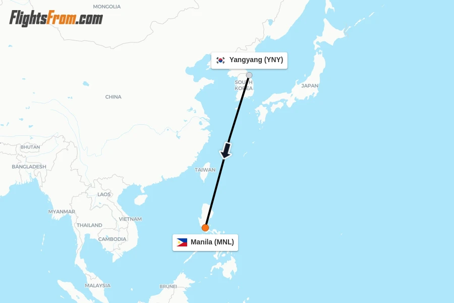 Flights from Yangyang to Manila route map