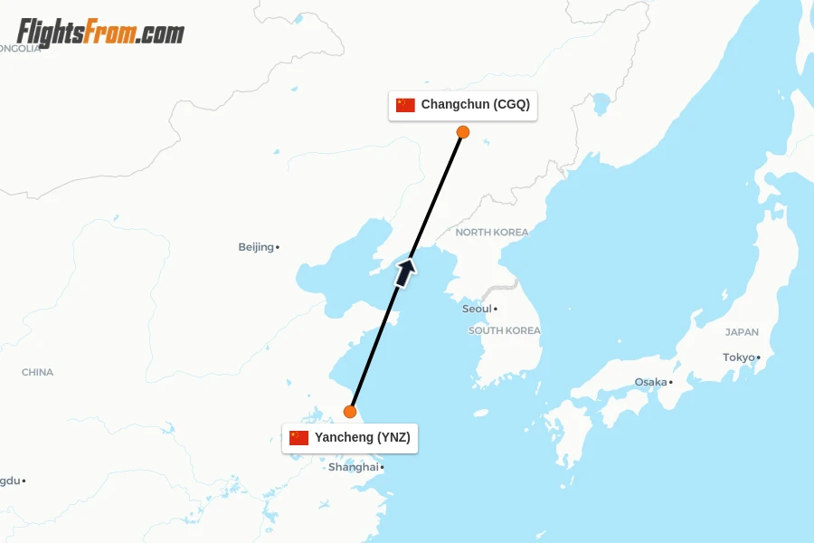 Flights from Yancheng to Changchun route map
