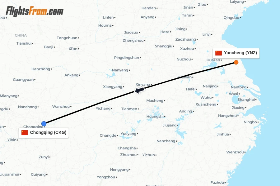 Flights from Yancheng to Chongqing route map