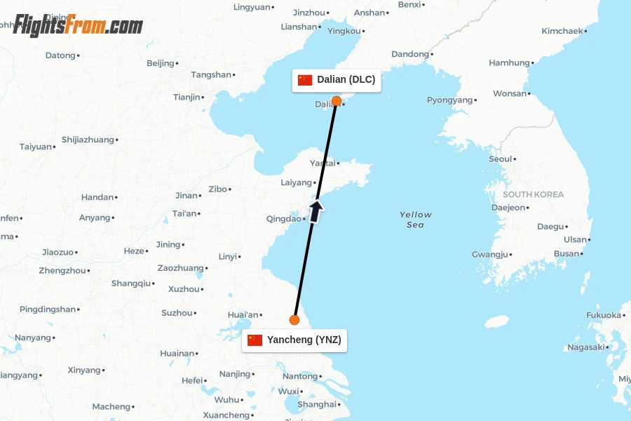 Flights from Yancheng to Dalian route map