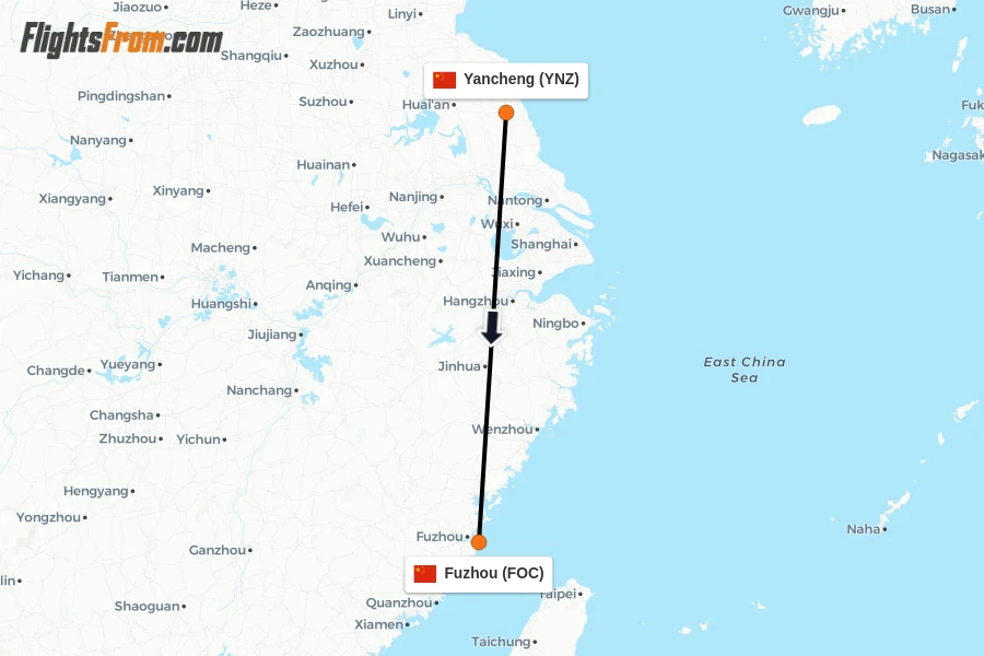 Flights from Yancheng to Fuzhou route map
