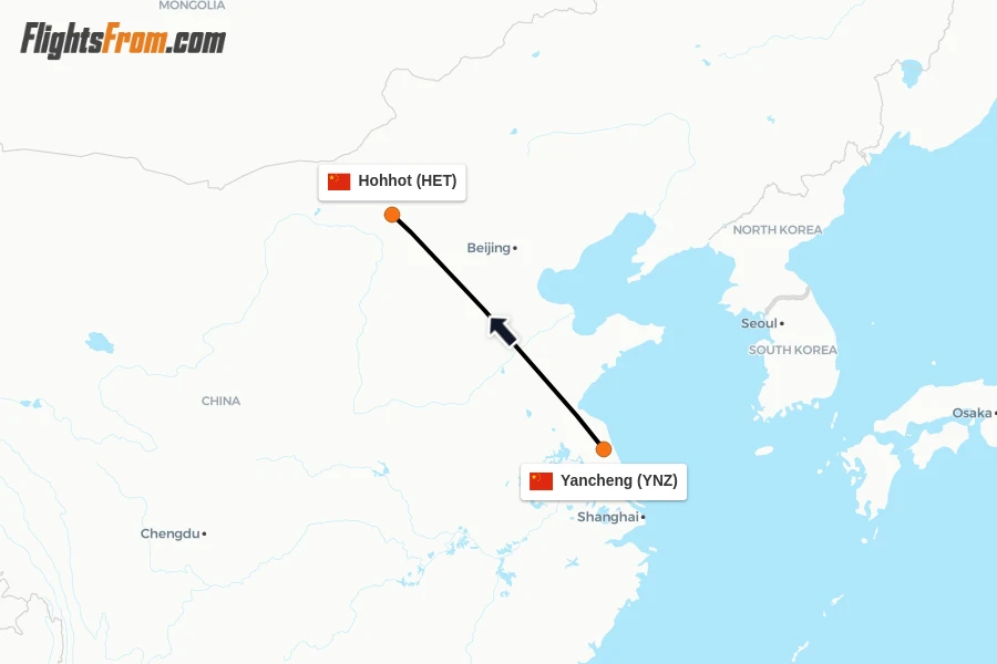 Flights from Yancheng to Hohhot route map