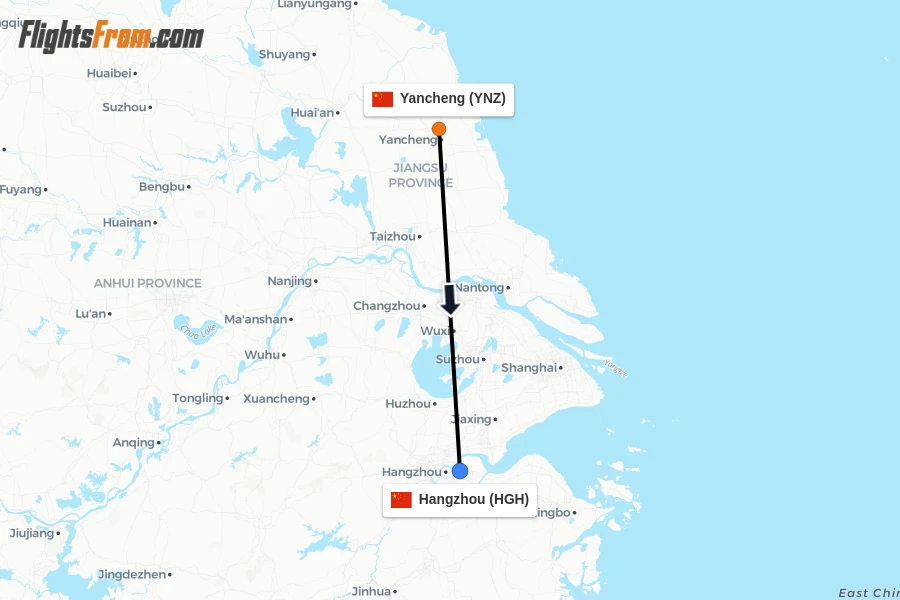 Flights from Yancheng to Hangzhou route map