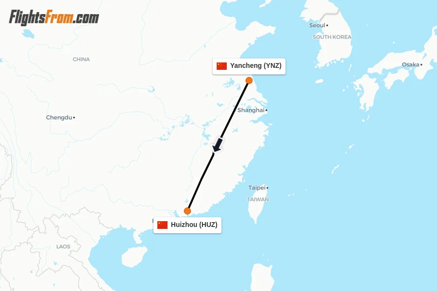 Flights from Yancheng to Huizhou route map