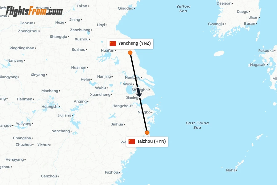 Flights from Yancheng to Taizhou route map