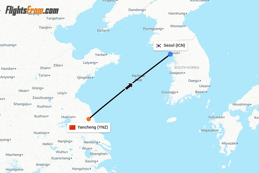 Flights from Yancheng to Seoul route map