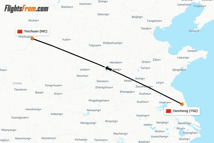 Flights from Yancheng to Yinchuan route map