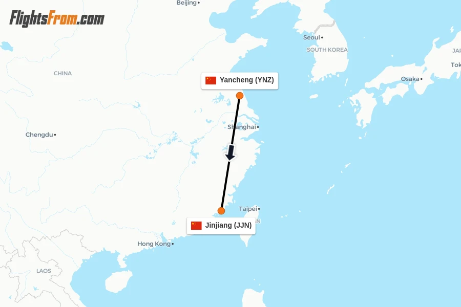 Flights from Yancheng to Jinjiang route map