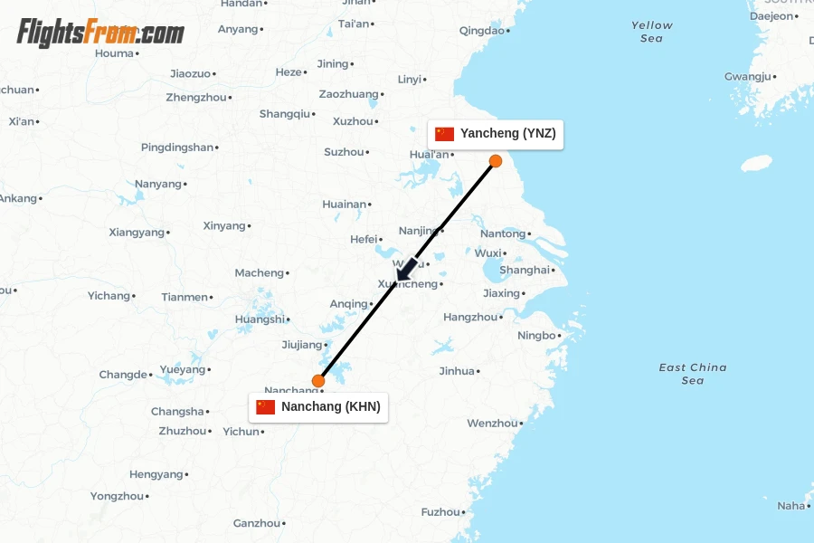 Flights from Yancheng to Nanchang route map
