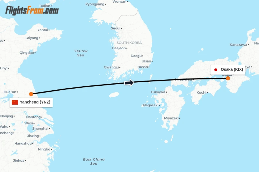 Flights from Yancheng to Osaka route map