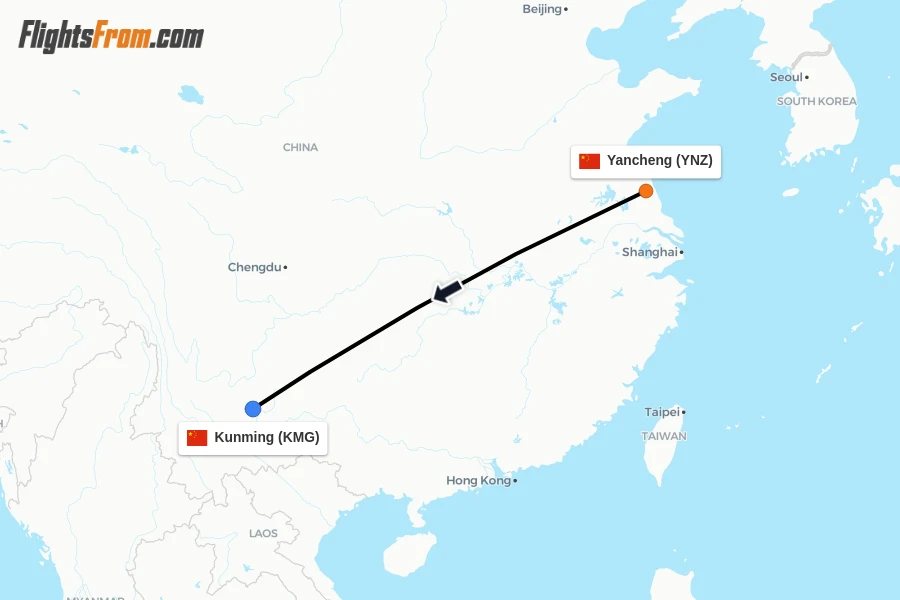 Flights from Yancheng to Kunming route map