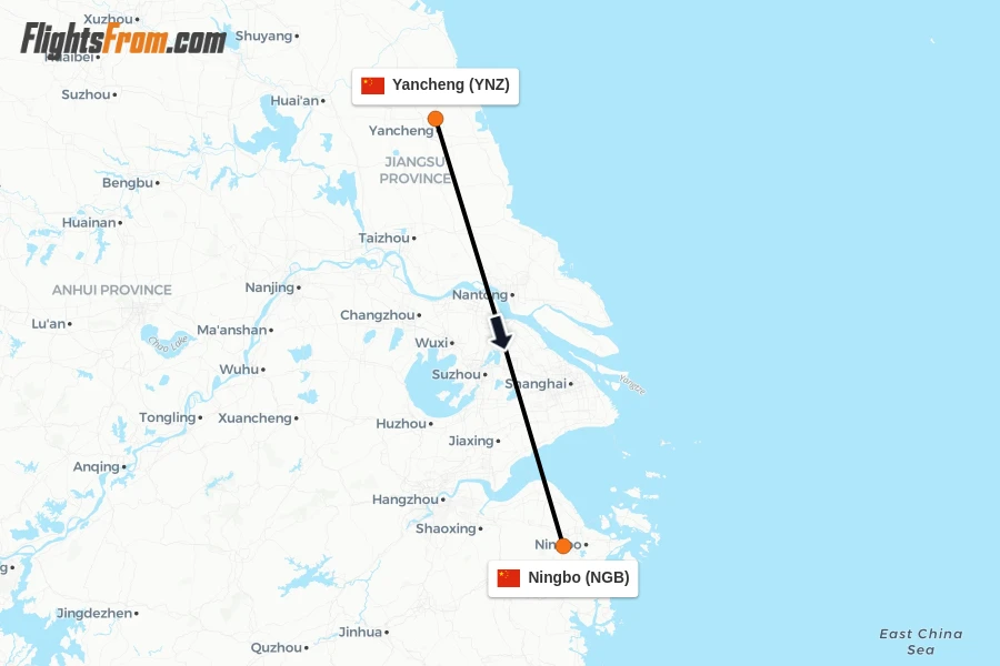 Flights from Yancheng to Ningbo route map