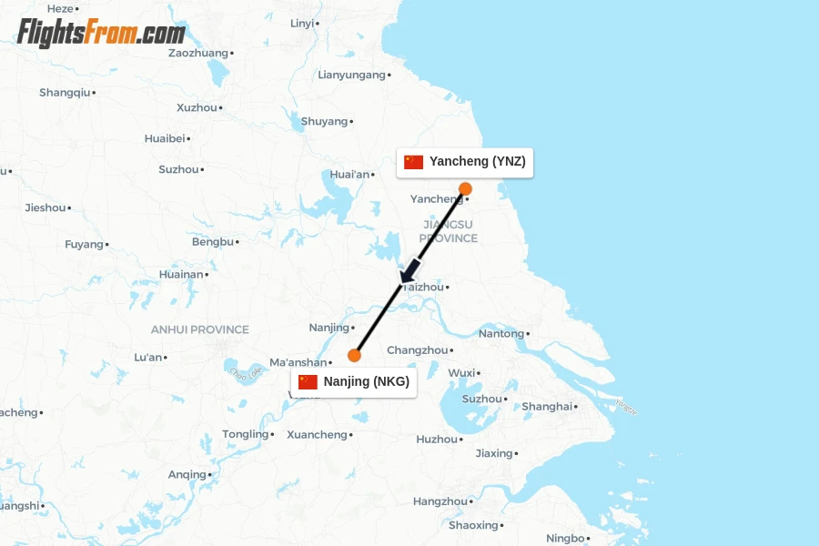 Flights from Yancheng to Nanjing route map