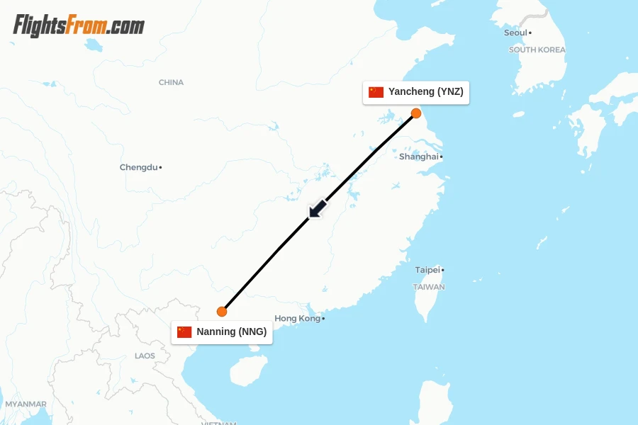 Flights from Yancheng to Nanning route map