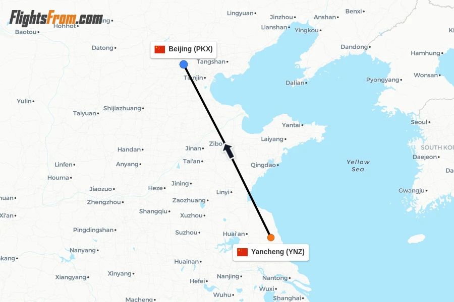 Flights from Yancheng to Beijing route map