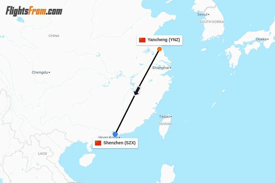 Flights from Yancheng to Shenzhen route map