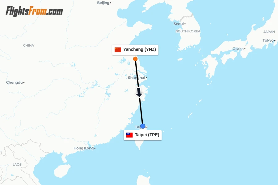 Flights from Yancheng to Taipei route map