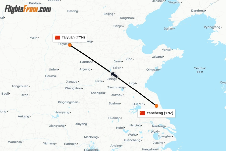 Flights from Yancheng to Taiyuan route map