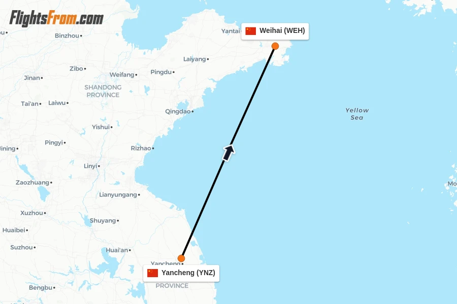 Flights from Yancheng to Weihai route map