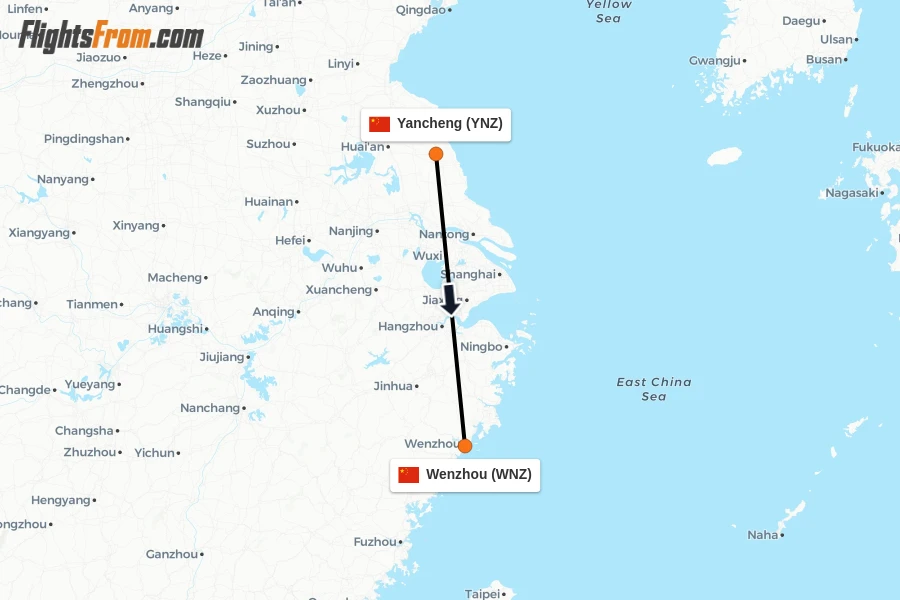 Flights from Yancheng to Wenzhou route map